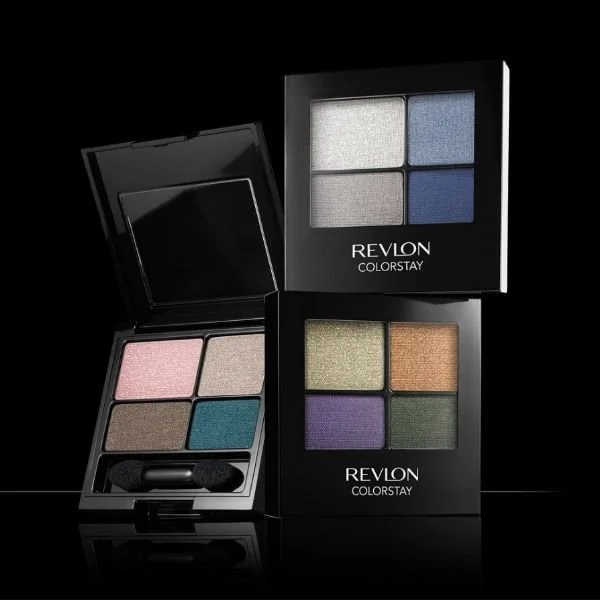 Three Revlon ColorStay eyeshadow palettes with four shades each, displayed against a black background.