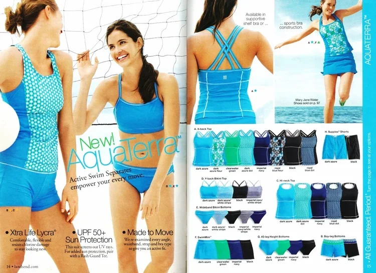 Women modeling AquaTerra active swimwear and sports bras on a beach and indoor. Display of various swimwear styles, colors, and details.