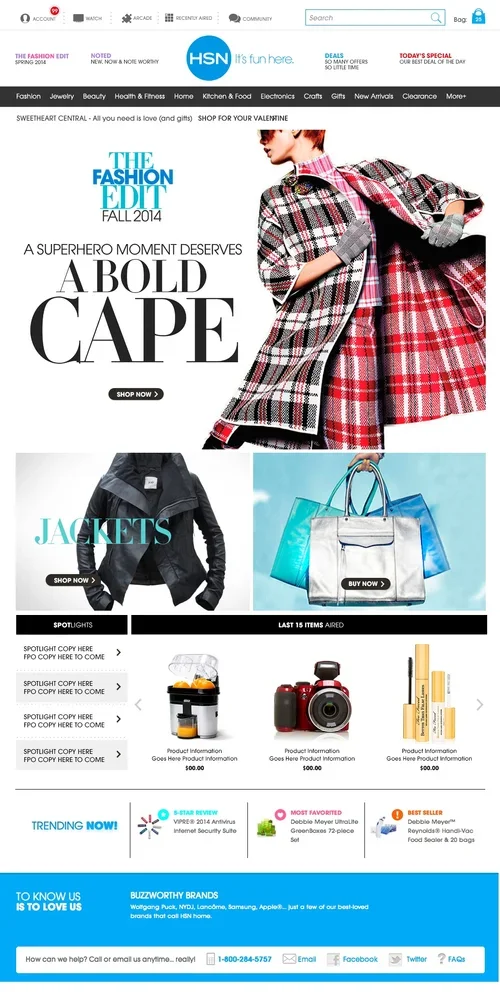 An online fall fashion magazine homepage promoting bold capes, jackets, and stylish bags, with product images and call-to-action buttons.