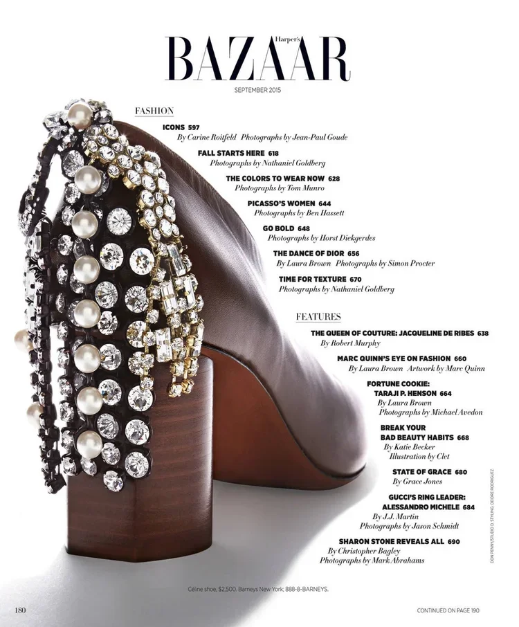 Page from Harper's Bazaar magazine, September 2015, featuring a high heel shoe decorated with pearl and rhinestone embellishments, with a list of fashion articles and features.