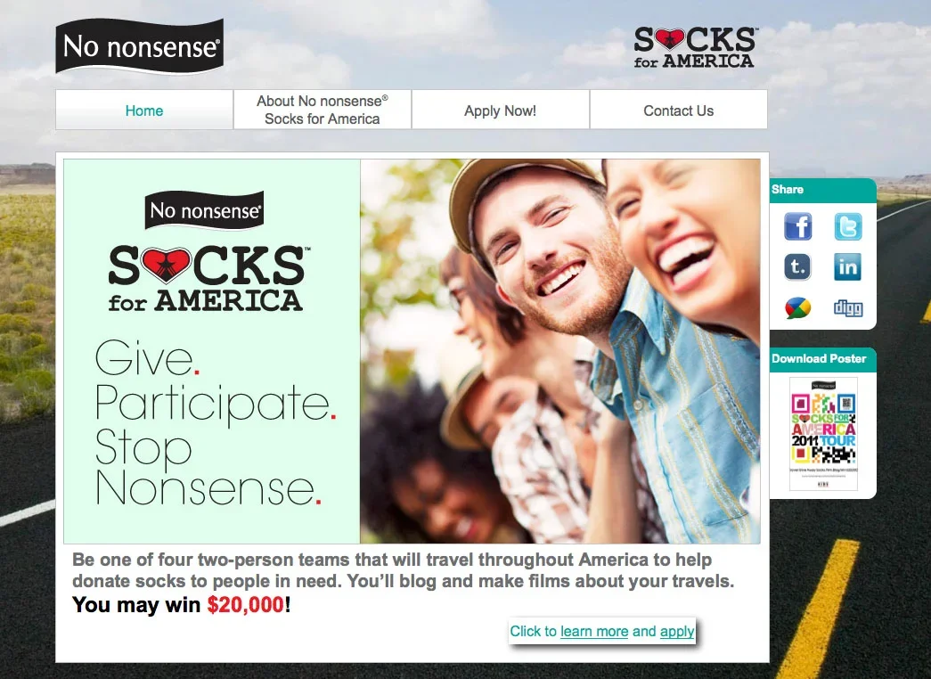 Website homepage for 'Socks for America' charity campaign by No Nonsense, promoting donations of socks and participation in travel teams to help people in need across the U.S., featuring a group of happy people and social media links.