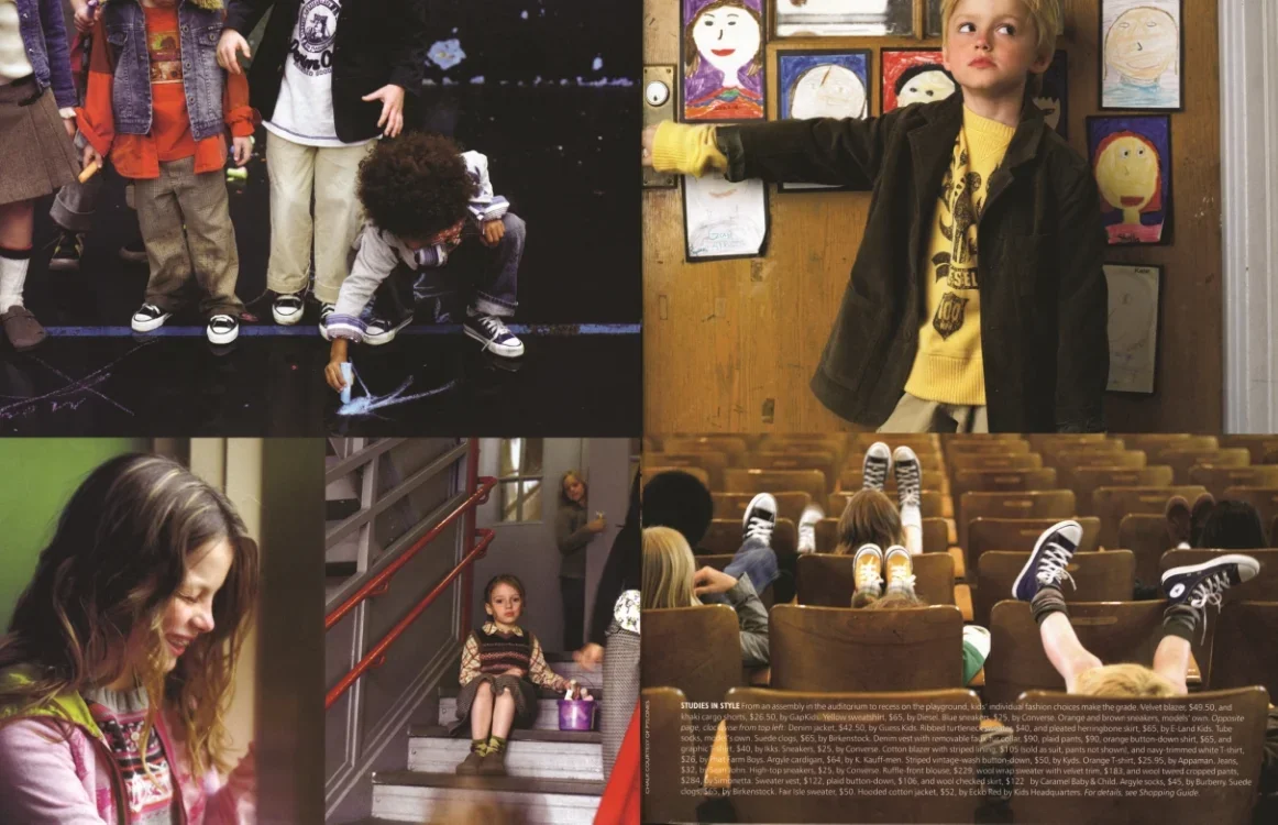 A collage of four children in different settings: one drawing on the floor with chalk, one standing and pointing at artwork on the wall, one sitting on stairs with a bag, and one sitting in a theater with feet up on the seats.