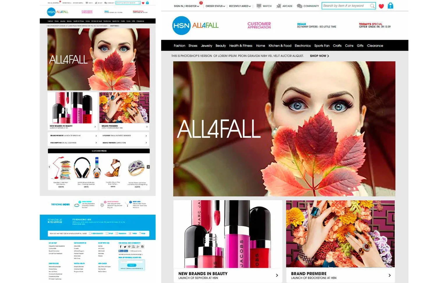 A webpage from HSN's All4Fall sale featuring a woman with blue eyes holding a red and orange autumn leaf in front of her face, with other sections displaying beauty and fashion products like lipstick, jewelry, and accessories.