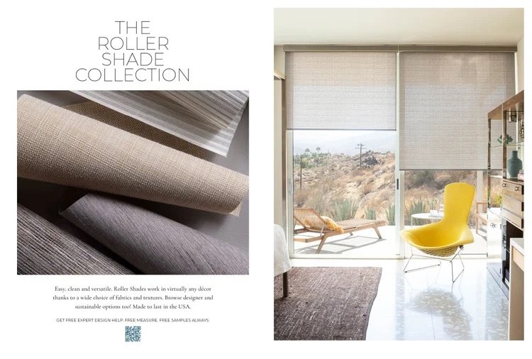 Advertisement for Roller Shade Collection showing fabric samples on the left and a living room with closed roller shades on large glass doors on the right.