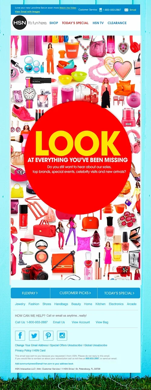 Promotional email from HSN featuring various colorful fashion and beauty products, including jewelry, handbags, shoes, makeup, and accessories, centered around a large red circle with the word "LOOK" in yellow and additional text.