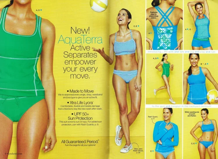 Page from a swimwear catalog showcasing blue and green active swimsuits and cover-ups for women, with models smiling and posing; includes product features such as extra life Lycra and UPF 50+ sun protection.