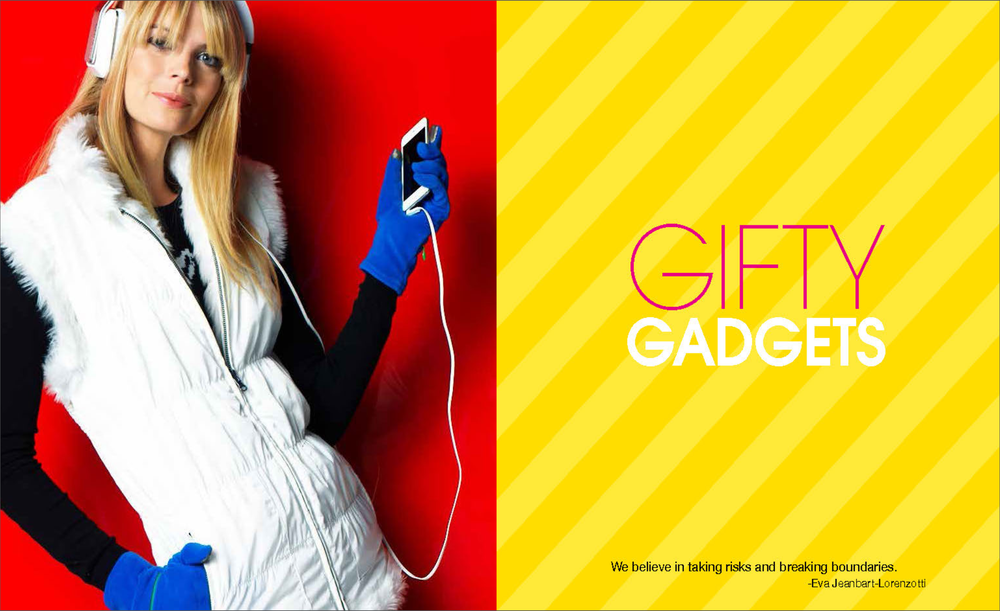 A woman with long blonde hair wearing headphones, a white vest, black long sleeves, and blue gloves holding a smartphone with earphones, standing against a red background with a yellow side panel that has pink and white text reading 'GIFTY GADGETS' a