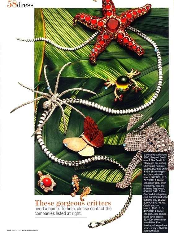 Various jewelry pieces including necklaces, rings, and a brooch decorated with red, gold, and diamond accents, displayed on green tropical leaves.
