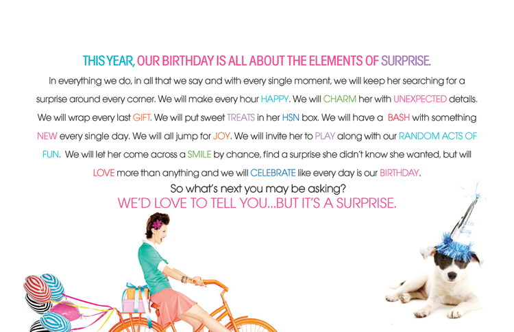 Colorful birthday party announcement with a woman riding a bicycle with balloons and presents, and a puppy wearing a birthday hat with a party horn, set against a white background with multicolored text.