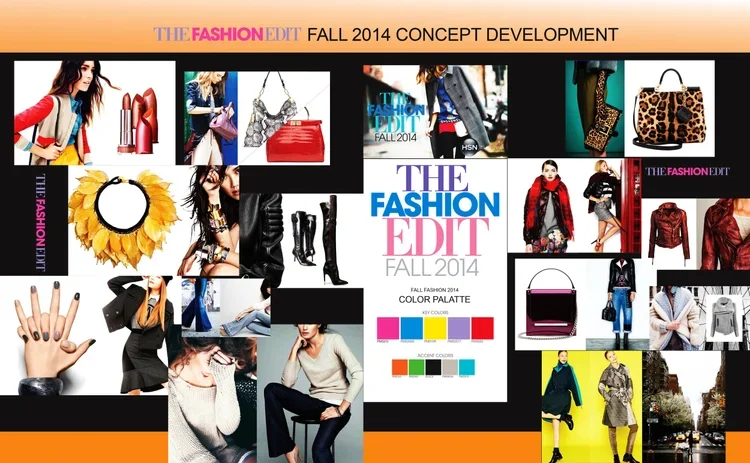 Fashion collage for Fall 2014 concept development, featuring clothing, shoes, handbags, accessories, and models showcasing fall fashion styles.
