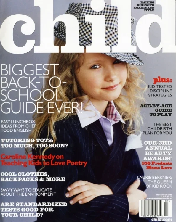 Cover of Child magazine featuring a young girl with curly blonde hair wearing a plaid hat and navy blazer, with magazine headlines about back-to-school guide, parenting tips, and kid discipline strategies.