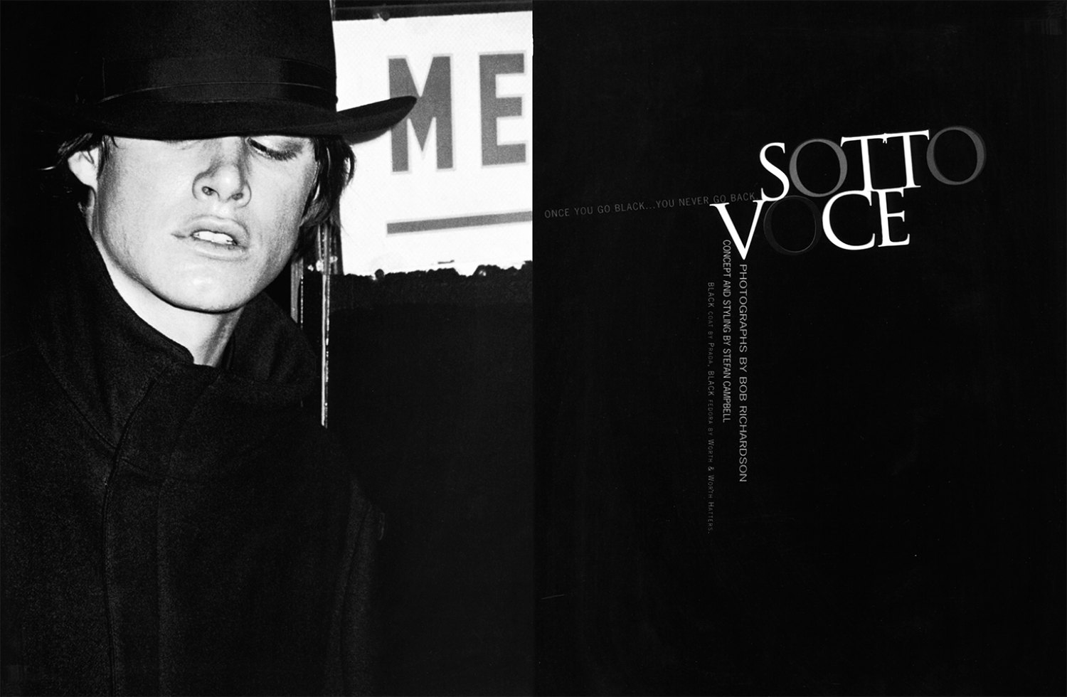 Black and white photograph of a person with short hair wearing a dark hat and coat. The person has their eyes closed or looking downward. There is text on the right side of the image, with some words overlapping and tilted, including "SOTT VOCE" and 