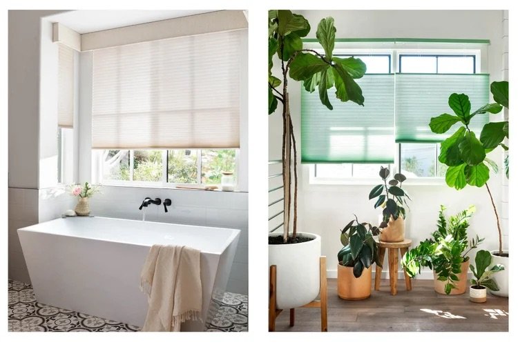 Split image showing two rooms with window coverings. The left side has a modern bathroom with a freestanding bathtub, white blinds, and a towel. The right side shows a living space with green blinds and various indoor plants in pots, along with a sma