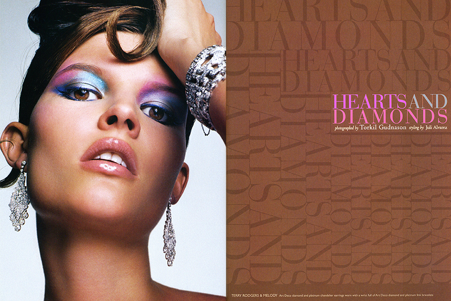 Close-up of a woman with colorful eye makeup, glossy lips, and diamond earrings, posing with her head tilted slightly. The right side of the image has text on a brown background that reads "Hearts and Diamonds" along with additional credits.