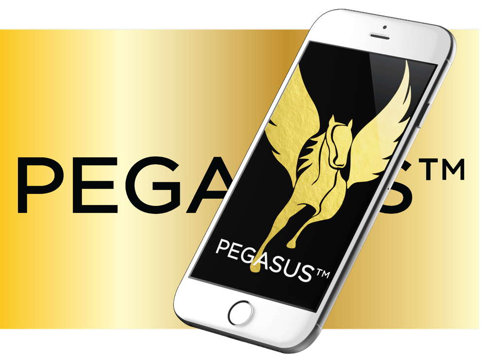 Smartphone displaying the Pegasus logo of a winged horse on a gold and black background.
