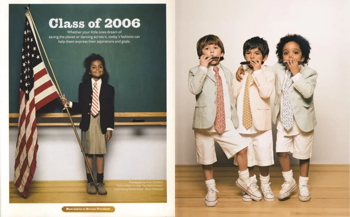 A young girl in front of a chalkboard holding an American flag, with a class of 2006 banner, and three boys in suits playing harmonicas in front of a white wall.