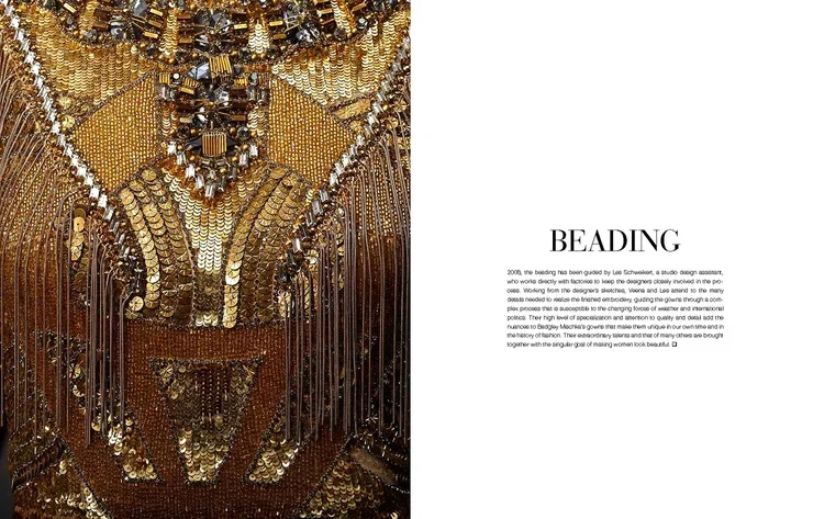 Close-up of a gold beaded dress with intricate beading, sequins, and fringe details, displayed on a page of a magazine or catalog.