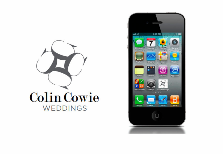 Logo for Colin Cowie Weddings next to a smartphone displaying app icons on the home screen.