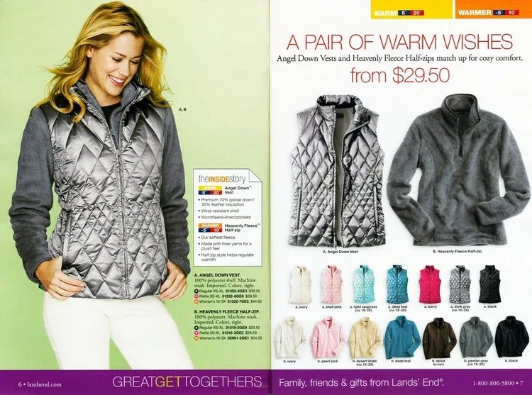 An open magazine spread featuring a smiling woman modeling a gray quilted Angel Down Vest, with additional vests in various colors displayed next to her. The text discusses warm vests and fleece half-zips for warmth, with prices starting at $29.50.