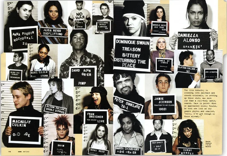 Collage of black and white and color photographs of various individuals holding protest signs and mugshots, with some accompanying text.