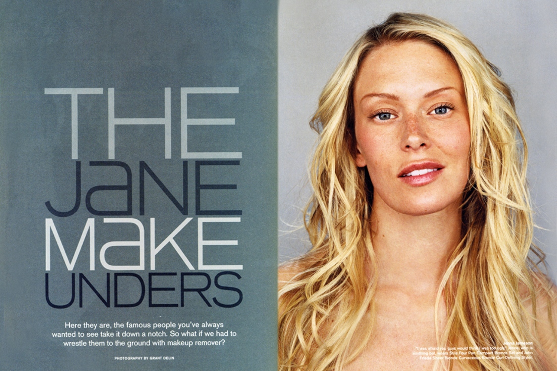 Magazine page with text and a photo of a young woman with blonde wavy hair, blue eyes, and a natural makeup look.