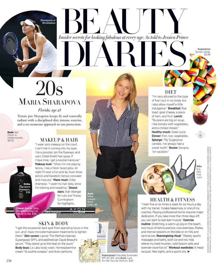 Magazine page titled 'Beauty Diaries' featuring a young woman in a striped blouse and black skirt, with smaller images of a female tennis player, skincare products, and fitness accessories.