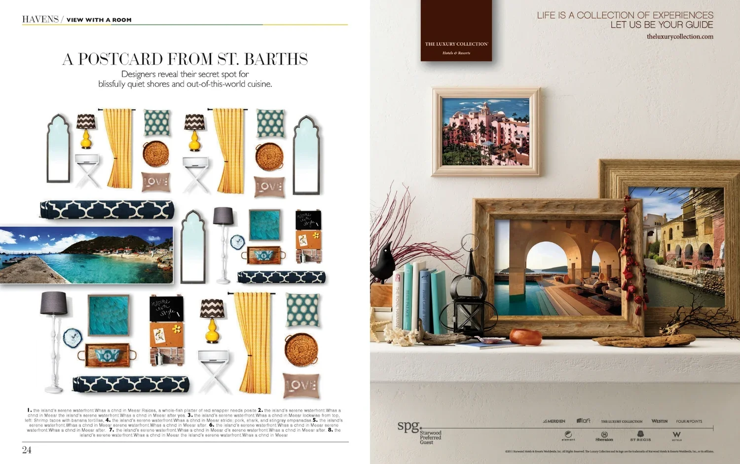 Left side: Collage of decor items and a beach photo; right side: framed photos of coastal buildings, plants, and decor on a wall.