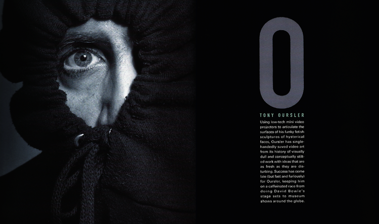 Close-up of a person's face with one eye visible, framed by a black hooded garment, and text about Tony Oursler on a black background.