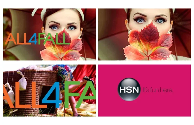 A collage of four images: two close-up of a woman's face with blue eyes and red autumn leaves partially covering her face, a woman sitting on a wicker chair with colorful clothes and a purple hat, and a pink background with the HSN logo and the sloga