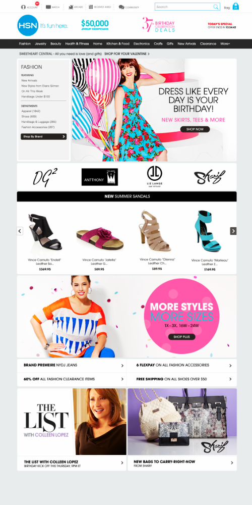 Fashion web page homepage featuring a woman in a blue floral dress holding pink and white balloons, promoting birthday outfits and accessories, with sections for summer sandals, fashion clearance, and handbags.
