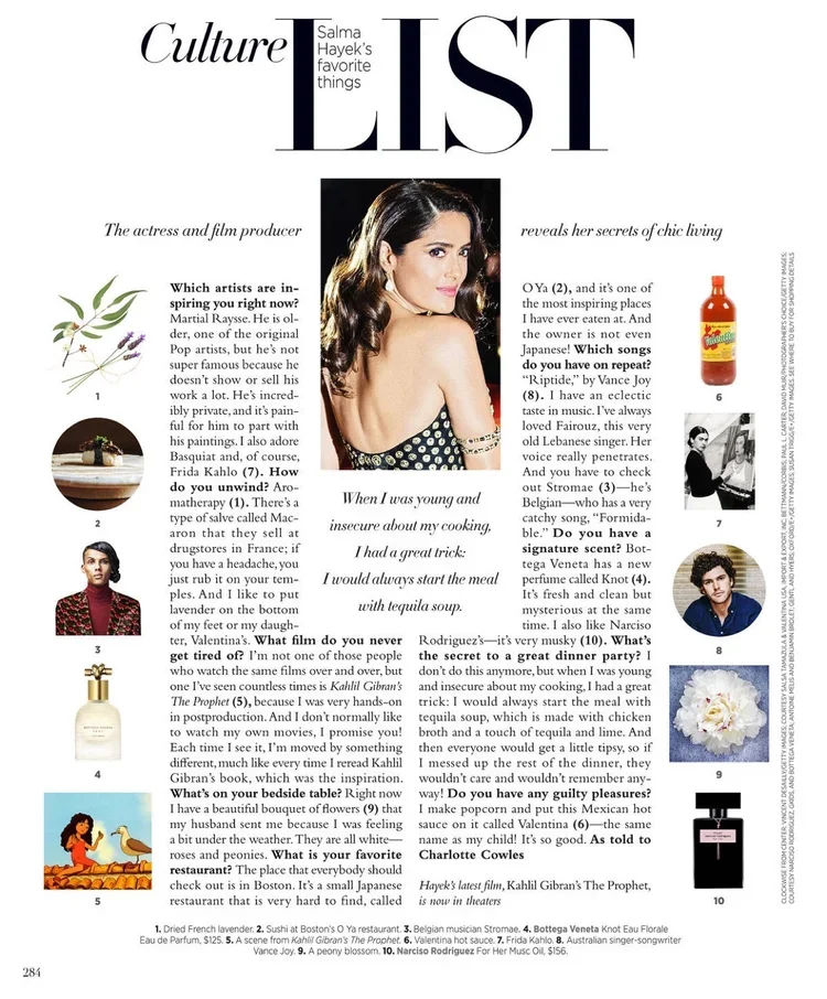 Page from a magazine article titled 'Culture List' featuring Salma Hayek on the cover. The article includes an intro and pictures of Salma Hayek, a beverage bottle, a person with a microphone, a flower, and a bookshelf.