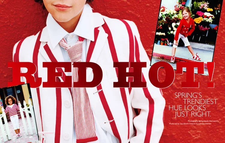 A young girl in a red and white striped blazer and white pants posing in front of a flower booth, with smaller images of her in the same red and white striped outfit in different locations.