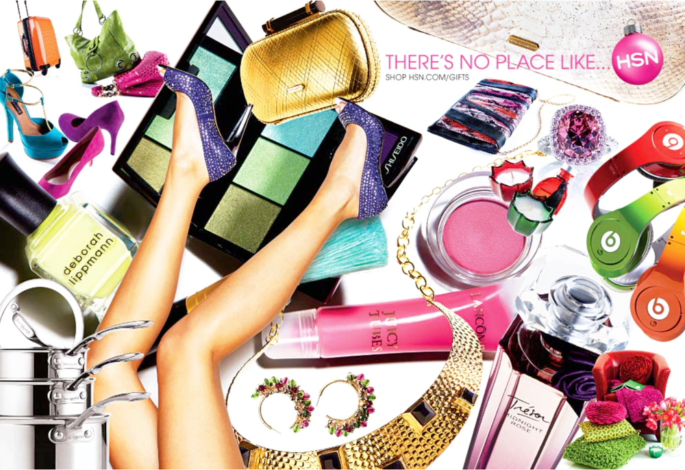 A flat lay of various fashion accessories and beauty products, including high heels, handbags, jewelry, sunglasses, makeup, perfume, nail polish, headphones, and decorative items.