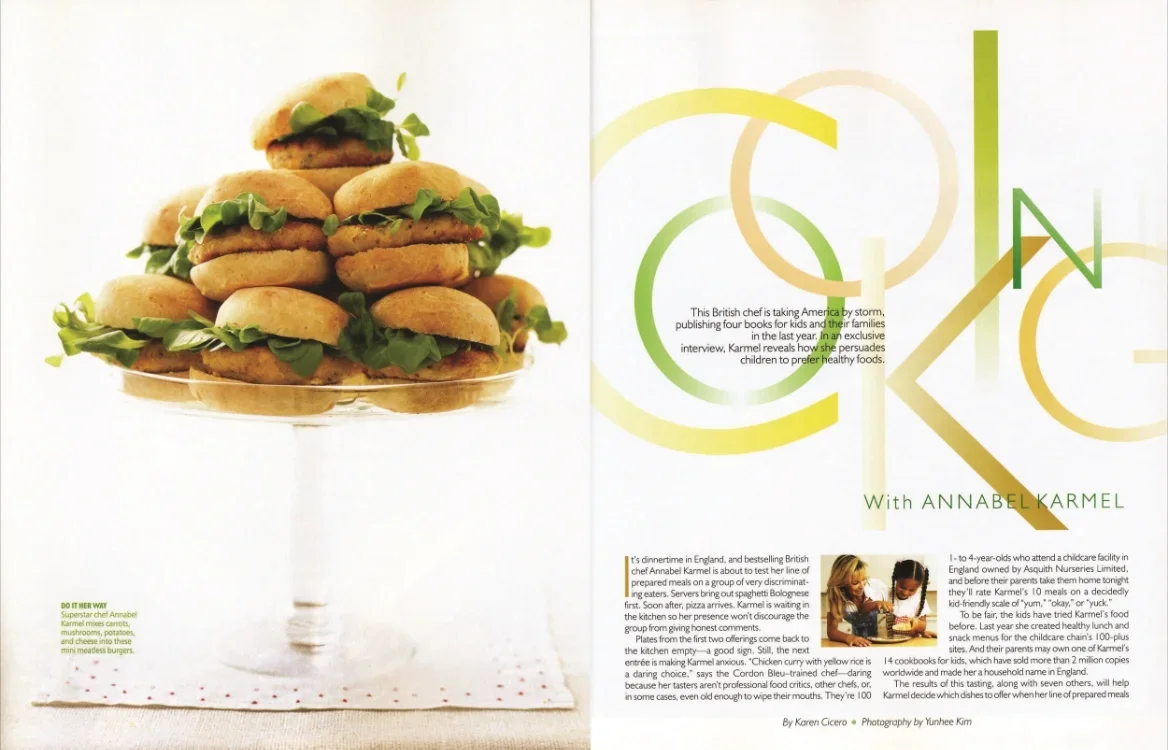 Plate of mini meatless burgers with greens, and a magazine article with colorful design and a photo of children cooking.