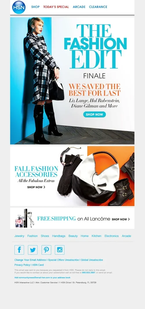 A woman in a plaid coat and high boots standing next to a blue wall, with promotional content for a fashion website about fall accessories, handbags, and beauty products.