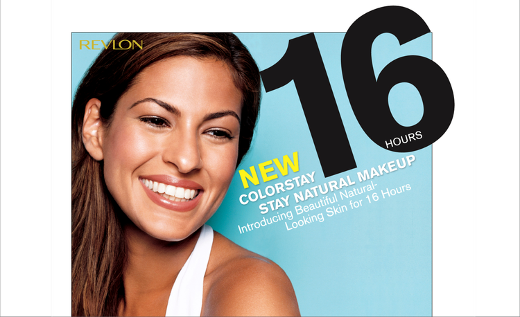 Magazine cover featuring a smiling woman with natural makeup, promoting Revlon ColorStay makeup that lasts for 16 hours, with bold text highlighting the 16-hour duration.