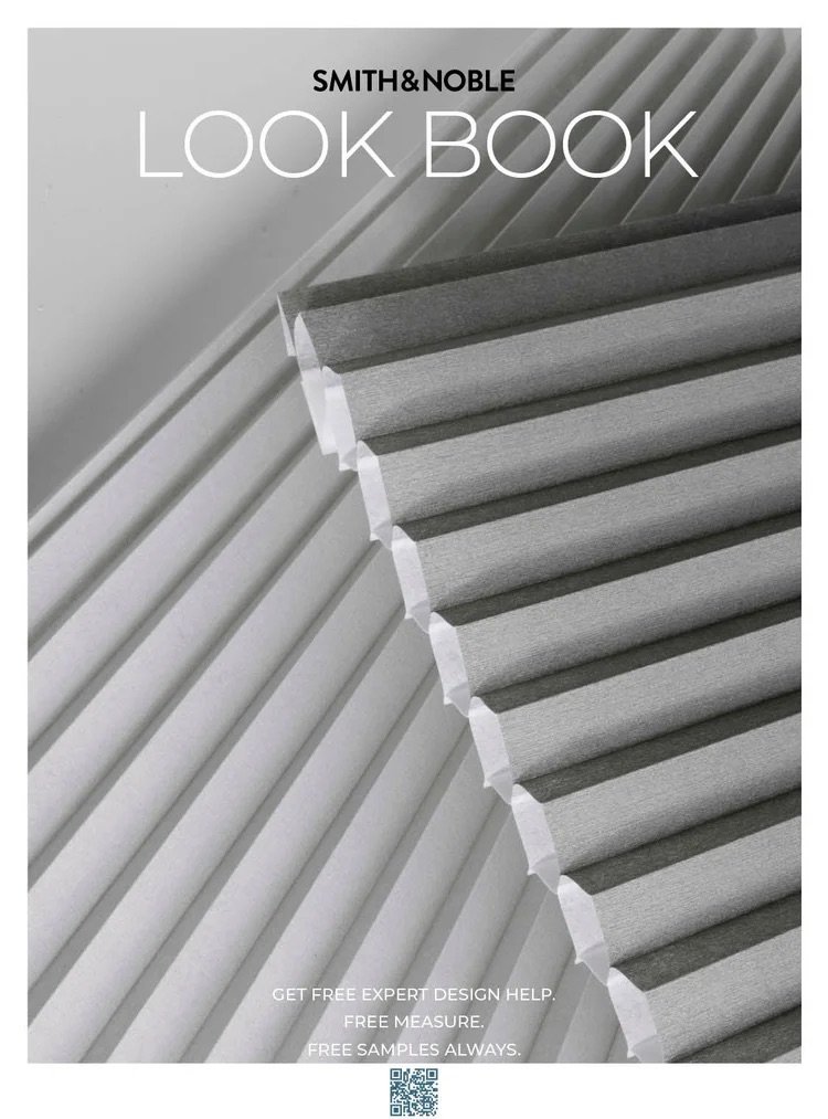 Gray and white textured samples of fabric or wallpaper arranged diagonally, with text promoting Smith & Noble look book and design services.