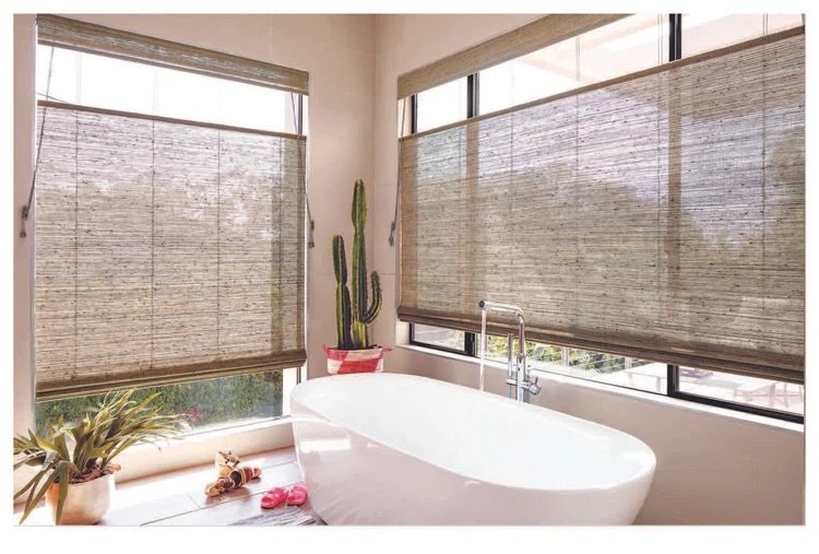 Bathtub in a bright bathroom with large windows, bamboo blinds, and potted cacti and plants.