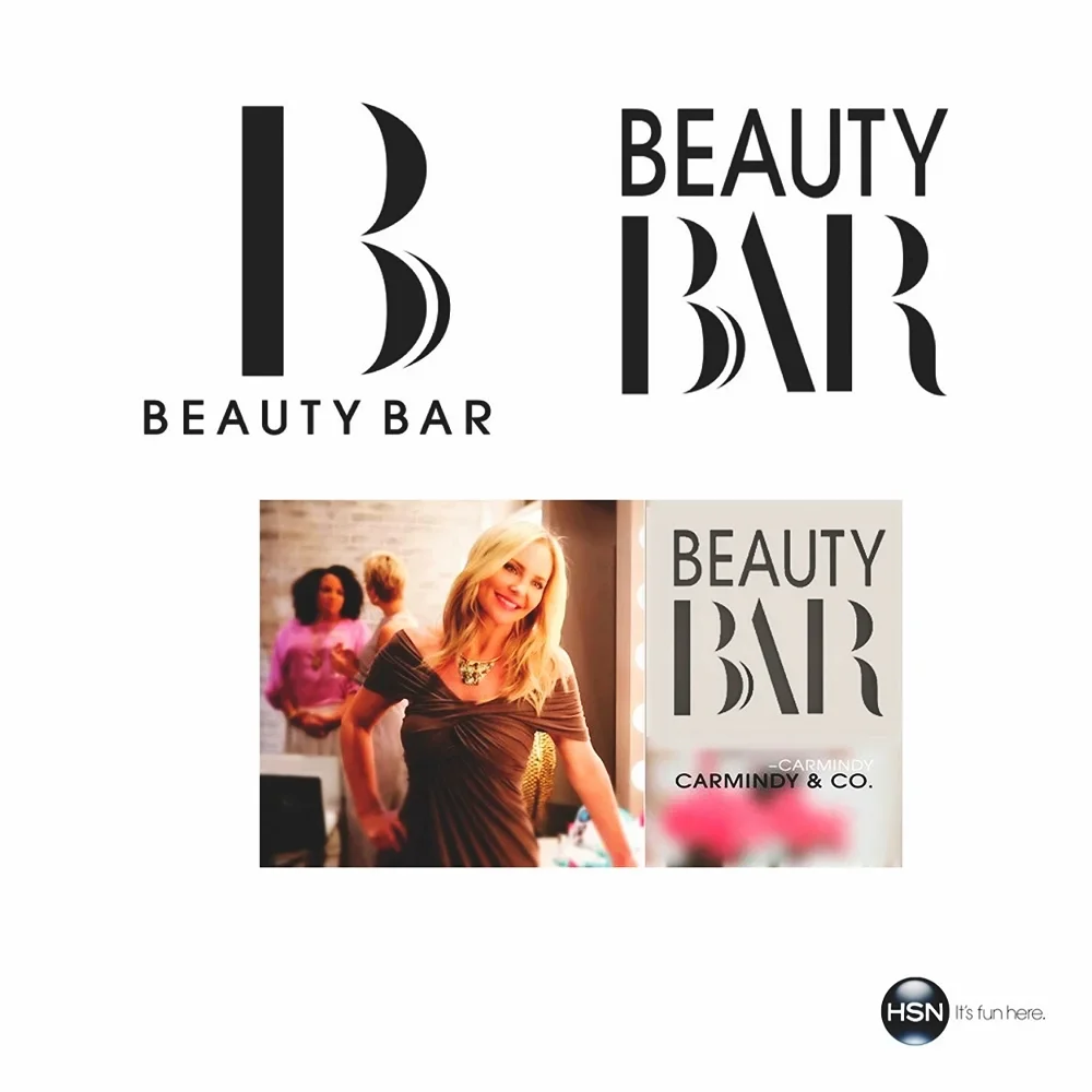 Logo and promotional image for Beauty Bar, featuring the Beauty Bar logo, a woman smiling in a beauty setting, and the HSN network logo with tagline 'It's fun here.'