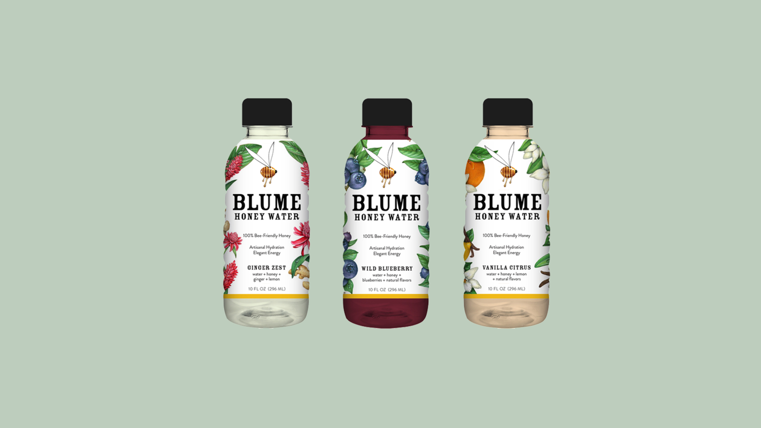 Three bottles of BLUME honey water with different flavors: Ginger Zest, Wild Blueberry, and Vanilla Citrus, against a light green background.