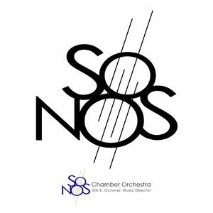 Logo of SOS Chamber Orchestra with stylized musical notes and lines, and text indicating the orchestra's name and music director.