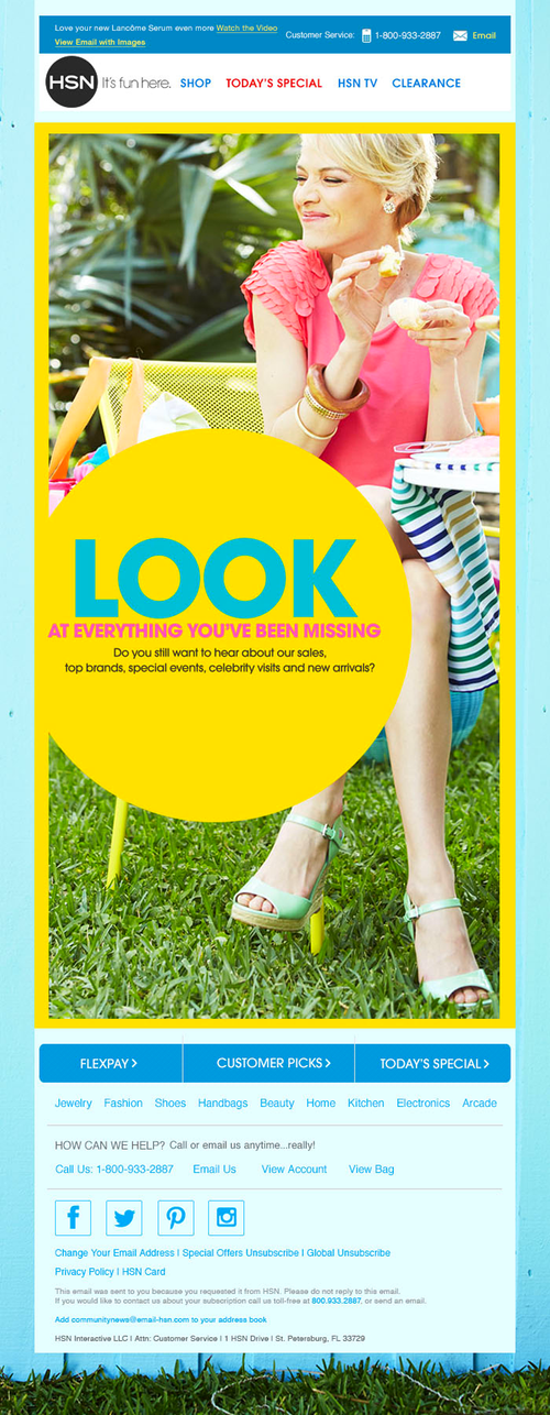 An advertisement for HSN displaying a woman sitting outdoors on grass, holding a piece of food, with a yellow circle overlay that says "LOOK AT EVERYTHING YOU'VE BEEN MISSING" in colorful text, and a blue background with navigation links and social m