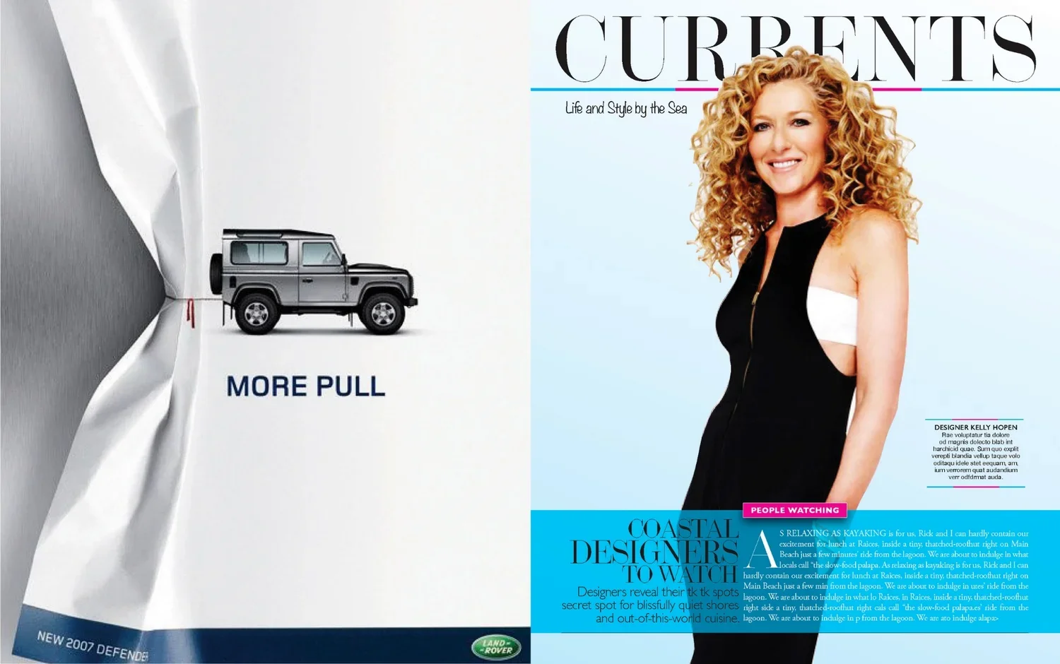 Magazine cover with a woman with curly hair in a black sleeveless dress on the right and a small gray Land Rover on the left, with the text 'Currents' and other promotional text.