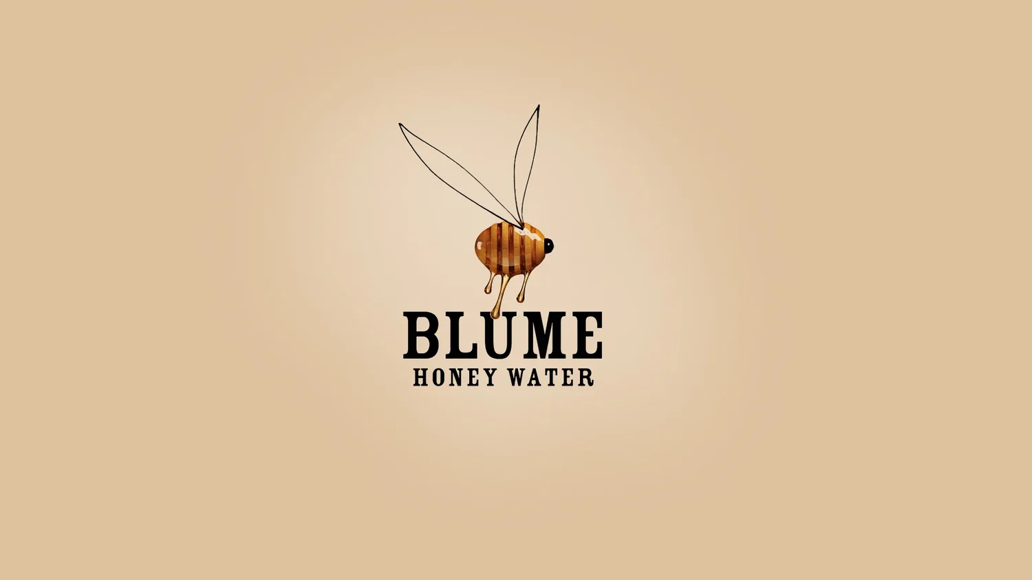 Logo of a honey water brand called Blume featuring a stylized bee with striped body and simple line-drawn wings, on a beige background.