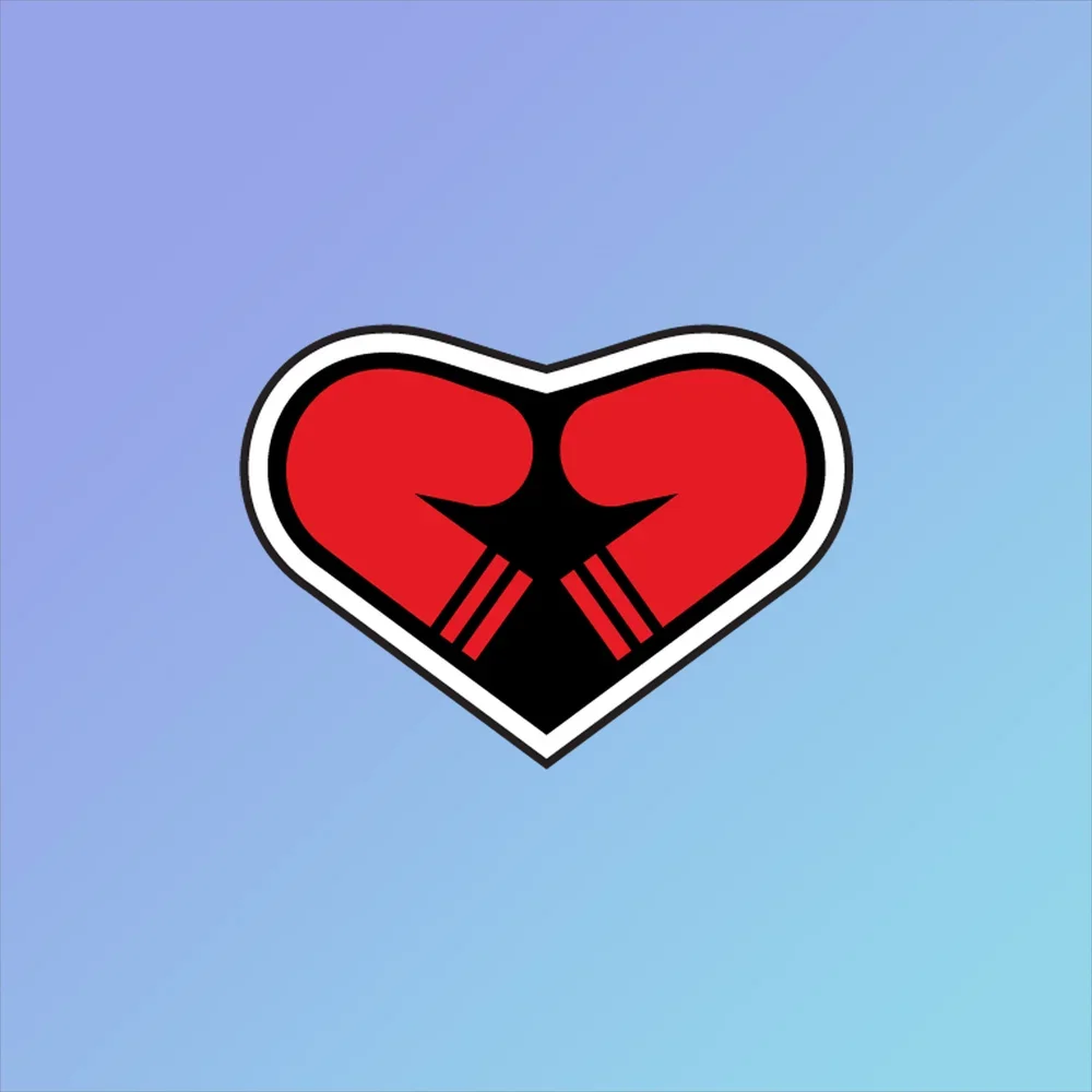 A graphic sticker of a red heart with black and white outline, featuring a stylized black ninja mask in the center.