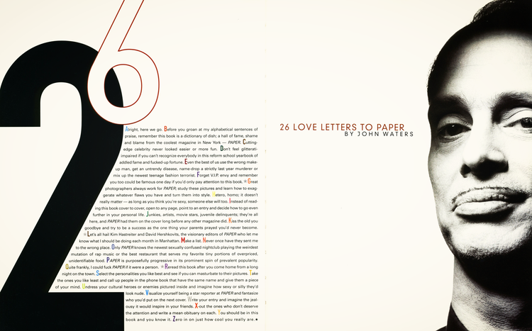 Partial black and white portrait of a man on the right side, with text about love letters and a book review on the left side.
