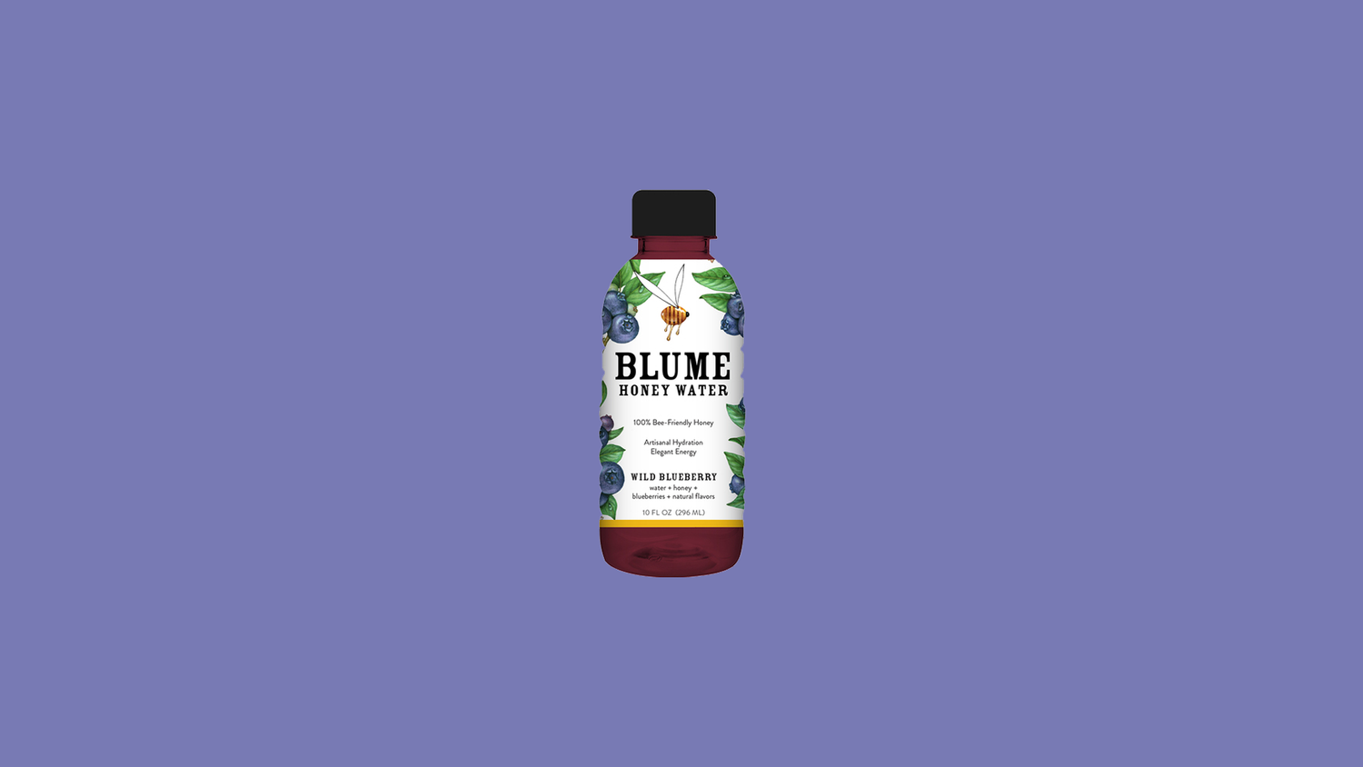 A bottle of Blume Honey Water with a blueberry and honeybee illustration on the label, set against a purple background.