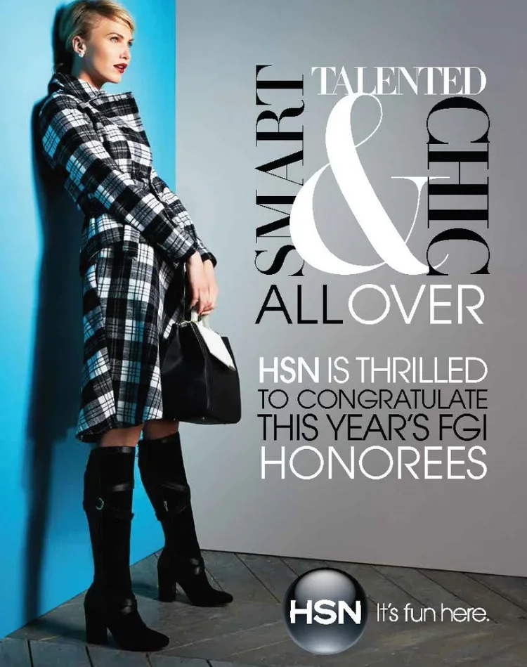 A fashionably dressed woman with blonde hair, wearing a black and white plaid coat and black high boots, standing against a blue wall. Next to her is text celebrating talent and achievement, including HSN's awards and congratulations.