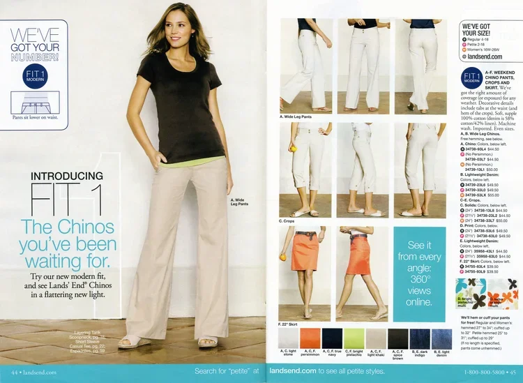 A woman modeling light-colored wide leg pants and a black T-shirt in a clothing catalog, with various styles of pants and skirts shown in smaller images on the right side.