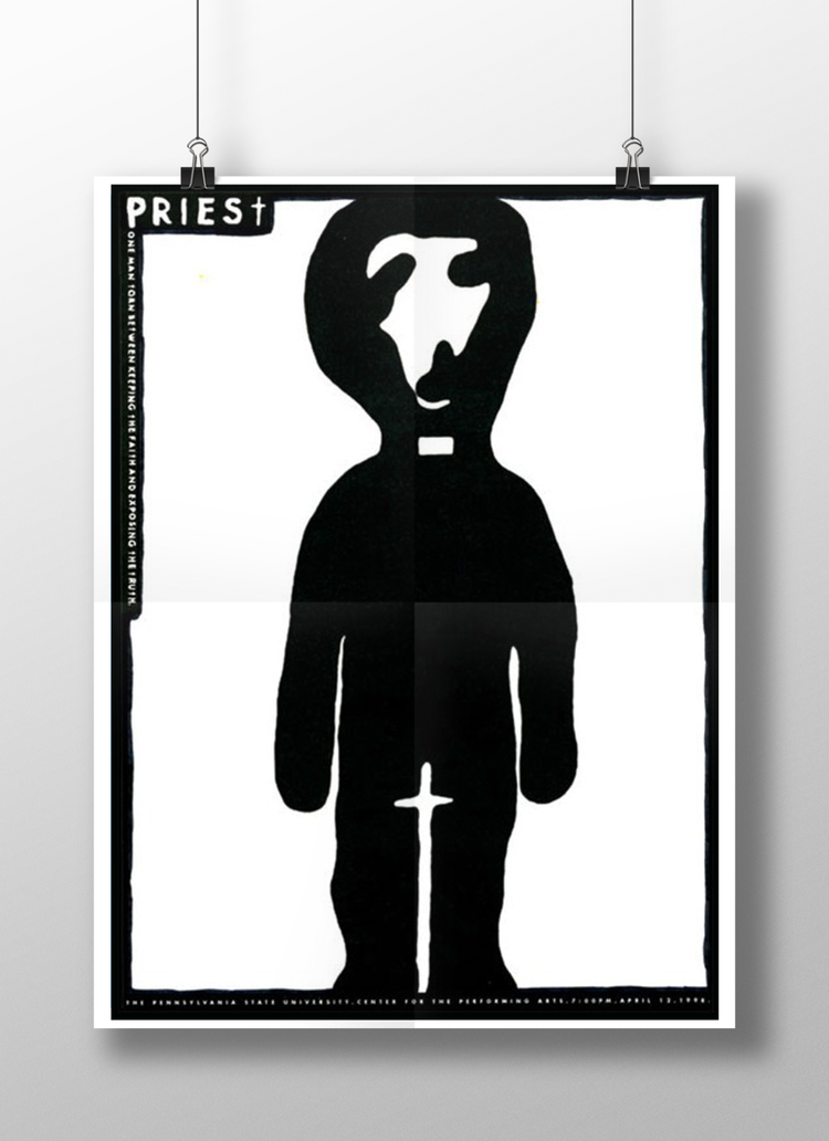 A black and white poster featuring a cartoonish depiction of a priest with a split face, one side with a simple face outline and the other side with a more detailed face, hanging from two clips against a white background.